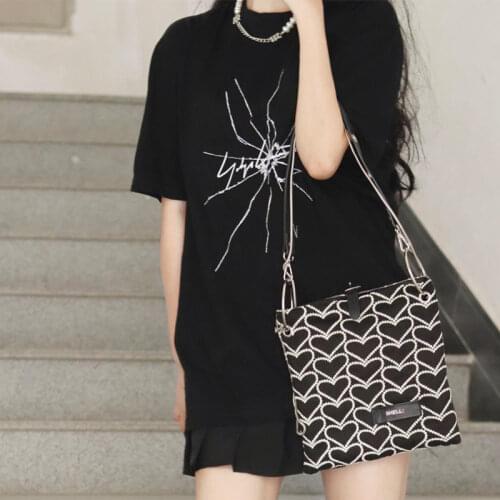 Embroidery Heart Womens Canvas Messenger Bag Retro Cool Girls Small Shoulder Bags Fashion Black Durable Female Purse Handbags