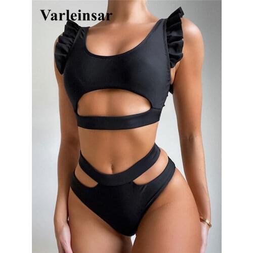 New Sexy Ruffled High Waist Bikini Female Swimsuit Women Swimwear Two-pieces Bikini set Padded Bather Bathing Suit Swim V2985