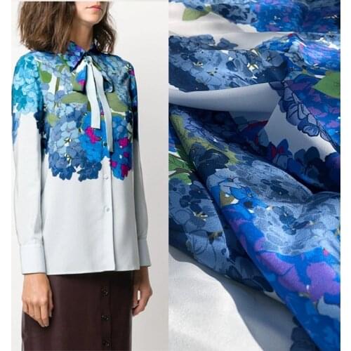 Summer designer fabric European brand haute couture blue hydrangea digital printing handmade diy fabric sewing for dress