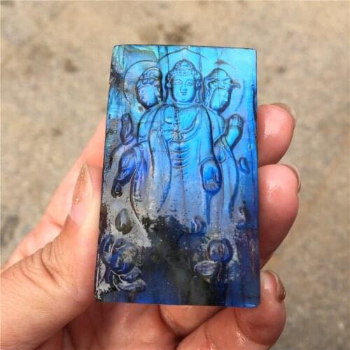 1PC Flashing Natural Stone Labradorite Hand Made Carved Godness Guanyin Labradorite Crystal Fashion Carved Figurine Gifts