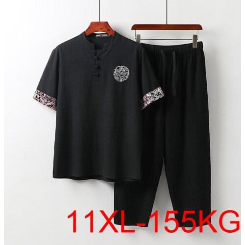 150Kg Plus size mens summer Chinese style embroidery T-shirt sets Bust 158cm 7XL 8XL 9XL 10XL 11XL loose linen top cropped pant