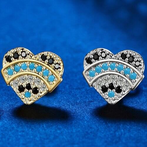 Girl Birthday Gift Blue Black Crystal Round Heart Studs 925 Sterling Silver Earrings For Women Trendy Small Circle Earring