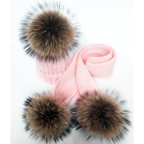 2020 Girl boy fur Pom Pom Beanie Warm Knitted Fur Pompom Hat Scarf Set Children Real Raccoon Fur Pompon Winter Hat Skullies