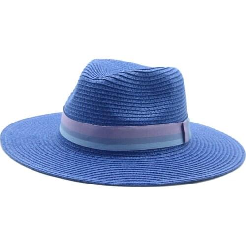 Summer hats solid blue green black khaki big brim 11cm sun protection straw hats women men band outdoor beach women straw hats