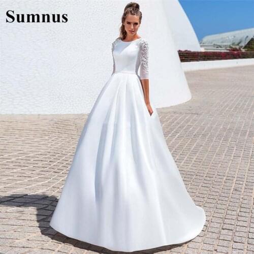 Sumnus Simple Satin Wedding Dresses 2021 Half Sleeves Appliques Lace Boho Bridal Gowns Lace Up Back Bridal Gowns Modest