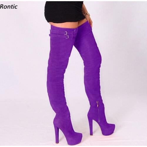 Rontic New Arrival Women Winter Platform Thigh Boots Italian Style Chunky Heels Round Toe Purple Black Club Shoes US Size 5-20