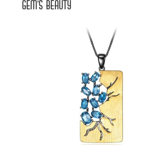 Gems Beauty Real 925 Sterling Silver Natural Blue Topaz Designer Fine Jewelry Crack Pendant with Chain Acessorios For Women
