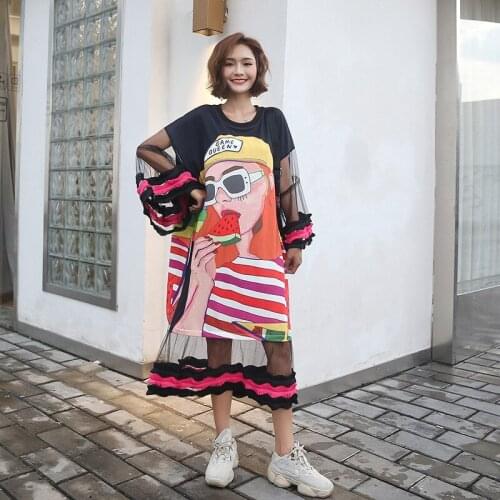 Character Print T-Shirt Dress Mesh Spliced Women Streetwear Dress Summer Women Loose Patchwork Cute Vestidos Flare Sleeve
