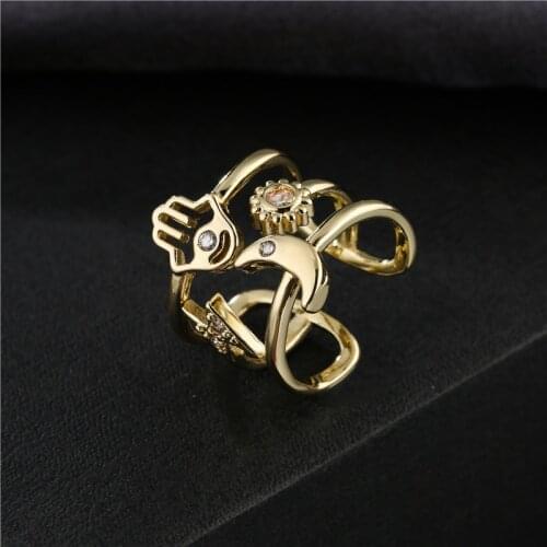 Vintage Bohemian Style Sun Moon Star Palm Geometric Ring For Women Girl Gold Color Open Ring Party Jewelry Femme Bijoux