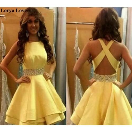 Yellow Cocktail Dresses 2020 Sexy Short Prom Dress Homecoming Gowns Ruffles Beading Crystal Women Elegant Graduation Party Dress