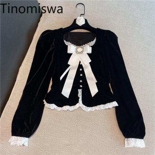 Tinomiswa Lace Patchwork Button Up Shirts Women Bow Knot Design Long Sleeve Elegant Blouse Autumn New Gold Velvet Ladies Tops