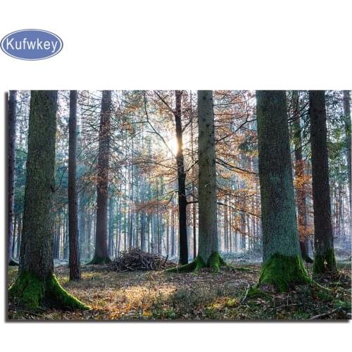 Diy 5D Diamond Painting Forest Sunrise Green Trees Full Square Diamond Mosaic Diamond Embroidery Scenery Pattern Rhinestone