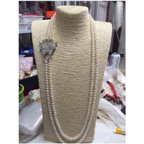 Double strands 8-9mm round south sea white pearl necklace 22-24inch