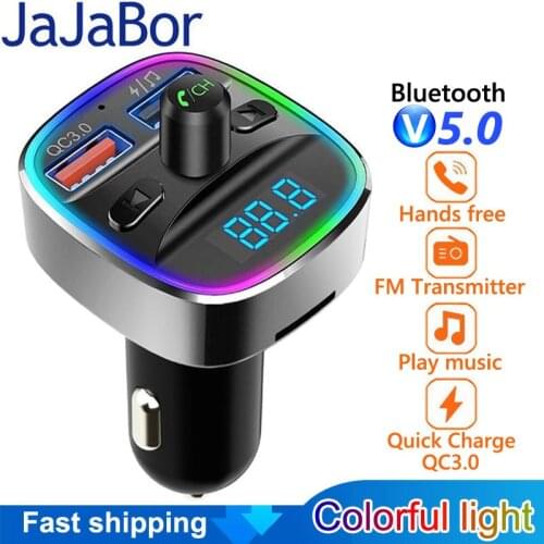 JaJaBor FM Transmitter Colorful Light 2 USB Quick Charge QC3.0 Car Charger FM Modulator Bluetooth-compatible Car Kit Handsfree