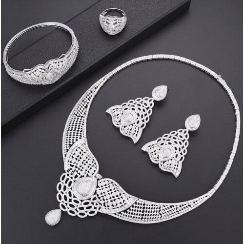 LARRAURI 4PCS Luxury Necklace/Bangle/Ring/Earrings Jewellry For Women Charms Full Cubic Zirconia Statement Flower Jewelry Sets