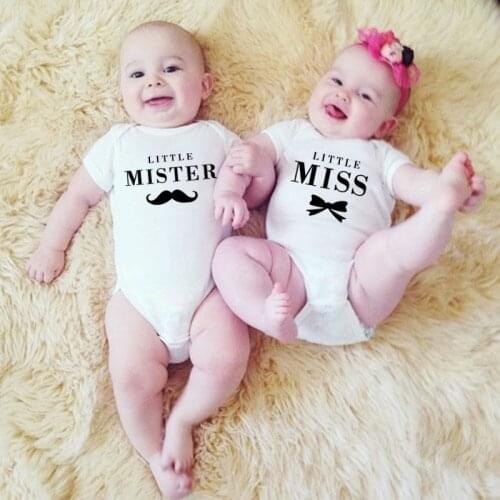 Little Miss and Little Mister Baby Girls Boys Summer Short Sleeves Cotton Jumpsuit Twins Baby Bodysuits Newborn Romper