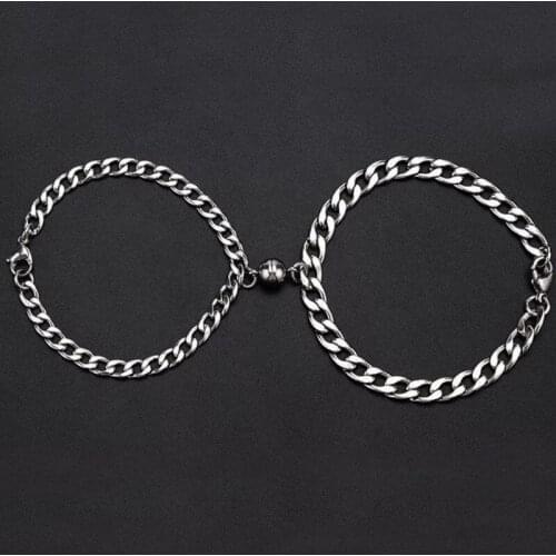 2pcs / Set Magnet Attracts Couple Bracelet Stainless Steel Alloy Cuba Chain NK Chain Bracelet for Women and Men Jewelry Gift
