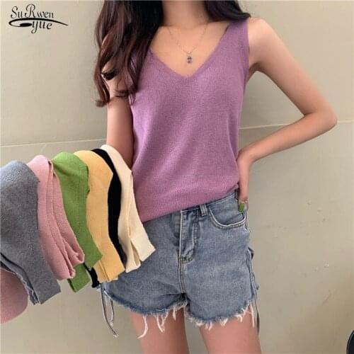 Fashion Women Top Sexy Tank Tops Knitted Solid Knitting Women Clothing 2021 Summer V-neck Candy Color Ice Silk Tops Inside 13942