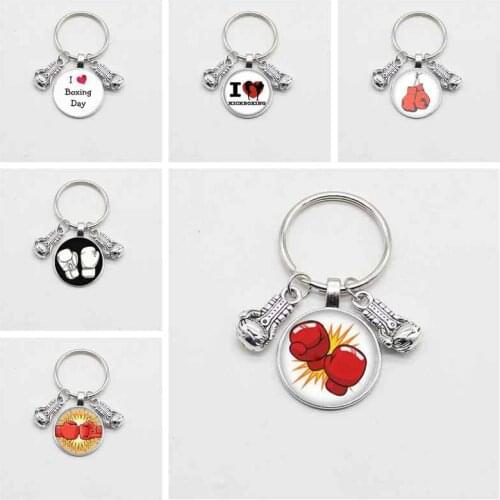 New fashion glass convex round keychain boxing gloves pendant boxing pendant metal keychain DIY men and women jewelry gifts