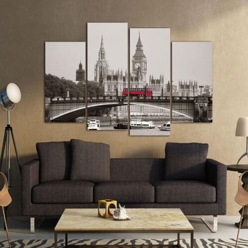 4 Pieces of Living Room Office High-definition Printable Posters London Red Bus Wall Art Painting Home Decoration Without Frame