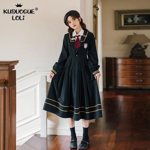 Retro College Style Dress Girls Sweet Navy Collar High Waist Midi Stripes Long Sleeve Pleated Spring Autumn Suit Uniform Women