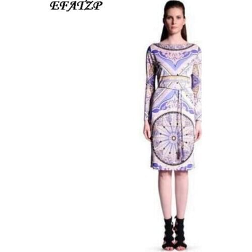 [EFATZP] New 2015 Designer Brand Dress Womens Purple Geometric Print Long Sleeves Stretch Day Jersey Silk XXL Dresses