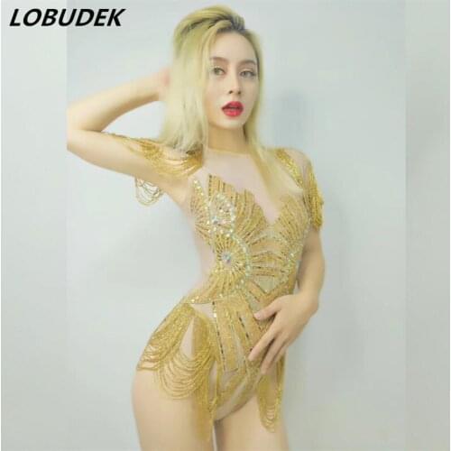 Sexy Bar Nightclub Women Singer Dancer Costume Gold Silver Rhinestones Beading Bodysuit DJ Pole Dance Party Crystals Stage Wear