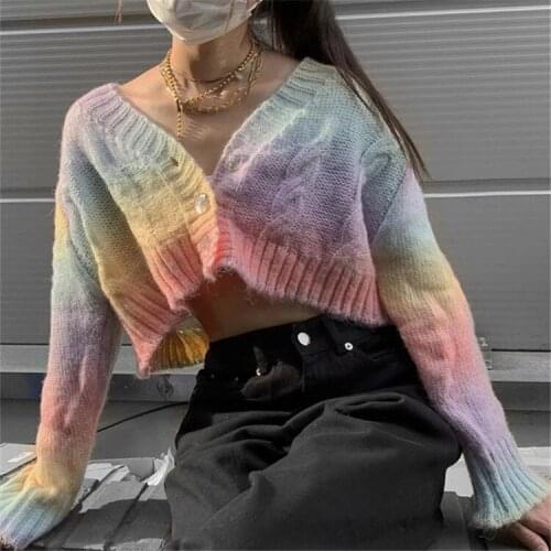 Gradient rainbow sweater sweater 2021 autumn womens clothing European and American fashion loose V-Neck Sweater Coat