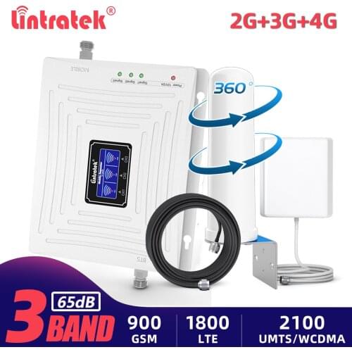 Lintratek Cellular Amplifier 900 1800 2100 GSM UMTS DCS Signal Booster 2G 3G WCDMA 4G LTE Internet Tri-band Antenna Repeater Kit