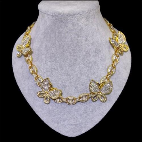 Hip Hop 12MM AAA+ Iced Out Butterfly Bling Alloy Rhinestones Coffee Bean Miami Cuban Link Chain Necklace For Men Women Jewelry