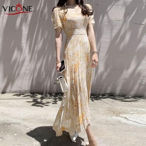 VICONE Chic Retro Women Summer Dress 2021 Casual Long Sleeve Boho Floral Print Dress Bandage Elegant Dresses