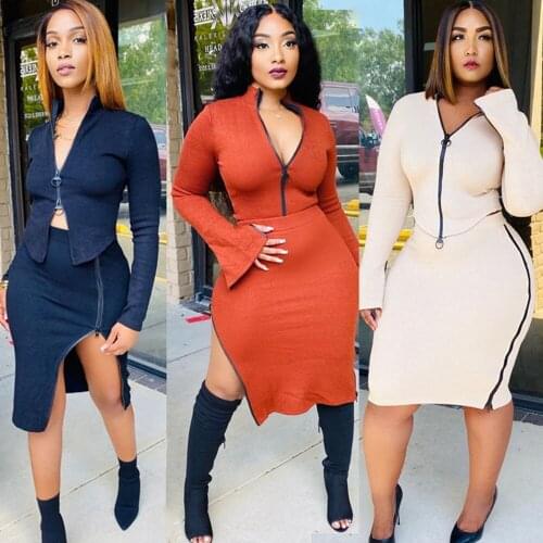 Knitted Sweater Two Piece Skirt Set for Women Zipper Long Sleeve Crop Tops and Split Midi Skirt Matching Sets Womens Outfits