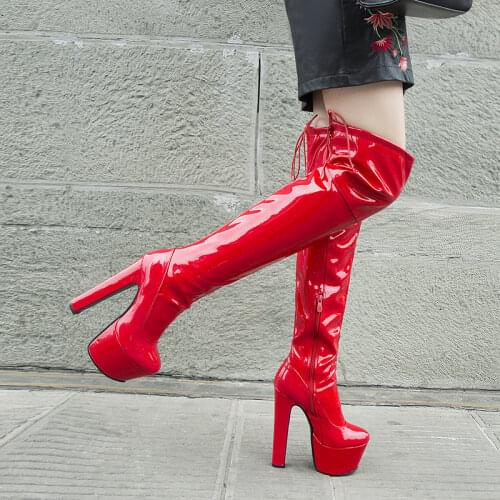 Rimocy Women Platform Over The Knee Boots Sexy 17CM Super High Heels Red Patent Leather Long Boots Woman 2020 Winter Black Shoes