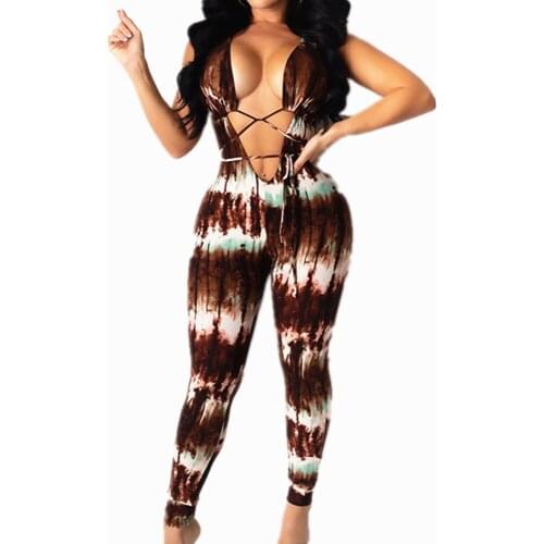 2020 Sexy Women Deep V-Neck Hollow Long Pants Trousers Summer Sports Bodycon Playsuit Tie Dyeing Print Jumpsuit Rompers