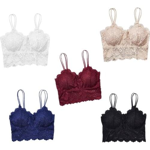 Women Sunflower Lace Bralette with Removable Pads Wireless V-Neck Strappy Bandeau Bra Underwear Solid Color Camisole