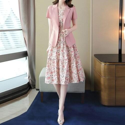 Women Short Sleeve Summer Blazer+Sleeveless Print Dress Suits Tops Vintage Floral Skirt Sets Elegant Woman Two Piece Set