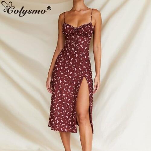 Colysmo Summer Print Long Dresses Women Sexy Sleebeless Ruched Slim Fit A-Line Dress Elegant Vintage Floral Beach Dress 2020 New