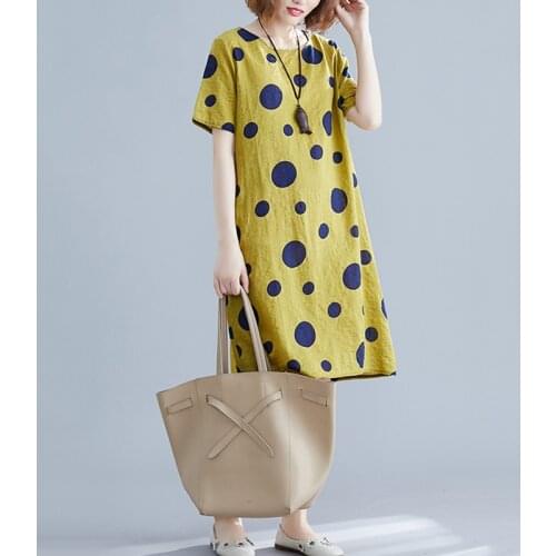 Womens Summer Linen Dress 2021 Celmia Short Sleeve Shirt Polka Dot Printed Sundress Female Vintage Casual Loose Vestido FC878