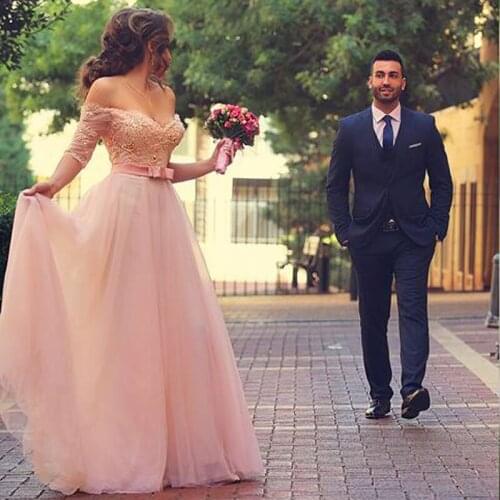 Arabic Pink Long Vestido De Festa Lace Beaded Off the Shoulder Half Sleeves Formal Gown For Valentines Day bridesmaid dresses