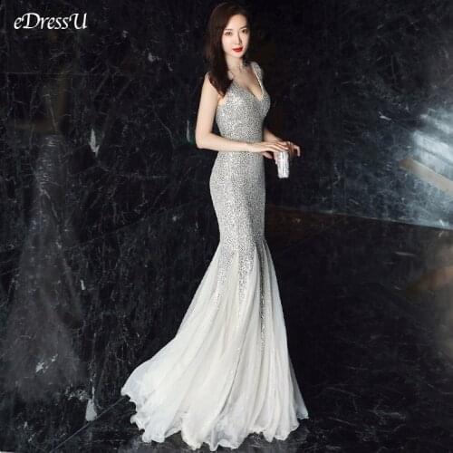 Sexy Mermaid Evening Dress Deep V-Neck Sequin Long Dress Elegant Vestido de Fiesta Robe Ruffules Formal Dress YNY-16538
