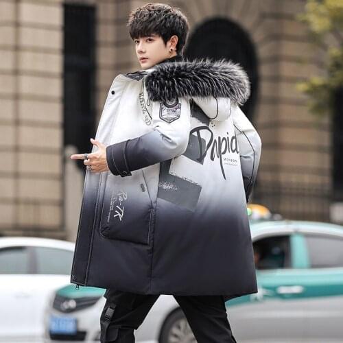 Winter Mid-Length Hooded White Duck Down Jacket Fur Collar Mens Streetwear Youth Puffer Parka Thick Outdoor Warm Long Down Coat