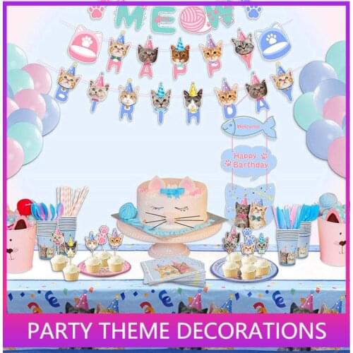 113PCS Cats Birthday Paper Cup Plate Napkin Party Bunting Cat Kids Happy Birthday Banner Party Baby Shower Decoration Supplies
