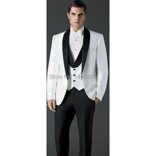 2018 New Style Groom Tuxedos For Men White Jacket Black Lapel Groomsmen Men Wedding Suits Bridegroom (Jacket+Pants+Tie+Vest)