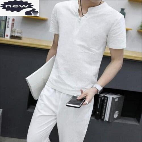 Summer Comfortable V Neck Solid Cotton Linen Retro Short Sleeve Loose Fashion Clothes Slim Fit Trouser For Men Sets