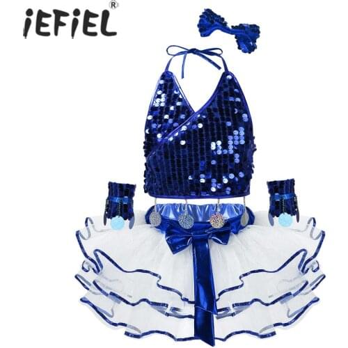 Kids Girls Latin Modern Jazz Dance Costumes Outfit Sparkly Sequins Halter Crop Top with Tutu Skirts Stage Performance Dance Wear