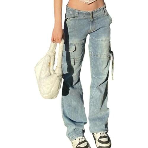 Retro Denim Pants Blue Wide-leg Jeans Ruched Drawstring Cargo Suit Low-waist With Sashes Summer Fashion Trend Womens Clothing