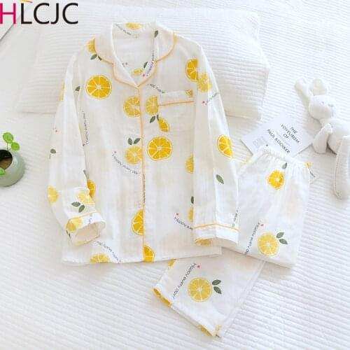 Big Size 3XL Cotton Gauze Fruits Floral Print Girls Pajama Set Long Sleeve Pockets Shirts Top Loose Pants Sleepwear Women Pyjama