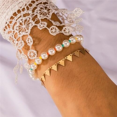 HuaTang 2pcs Boho Elastic Round Pearl Bracelet Set for Women Geometric Sequin Chains Bracelets Ladies Party Jewelry Pulseras