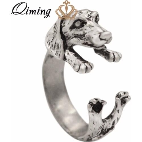 QIMING 3D Handmade Dachshund Dog Ring For Women Cute Puppy Pet Lover Animal Jewelry Vintage Adjustable Ring Bague