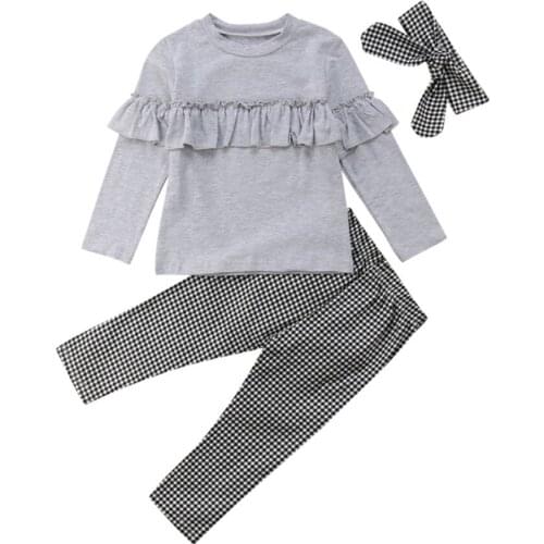 Kid Spring Autumn Clothing Toddler Kids Baby Girl Clothes Set Ruffle Sleeve Shirt Tops+Plaids Pants+Headband 3Pcs Outfits Suits